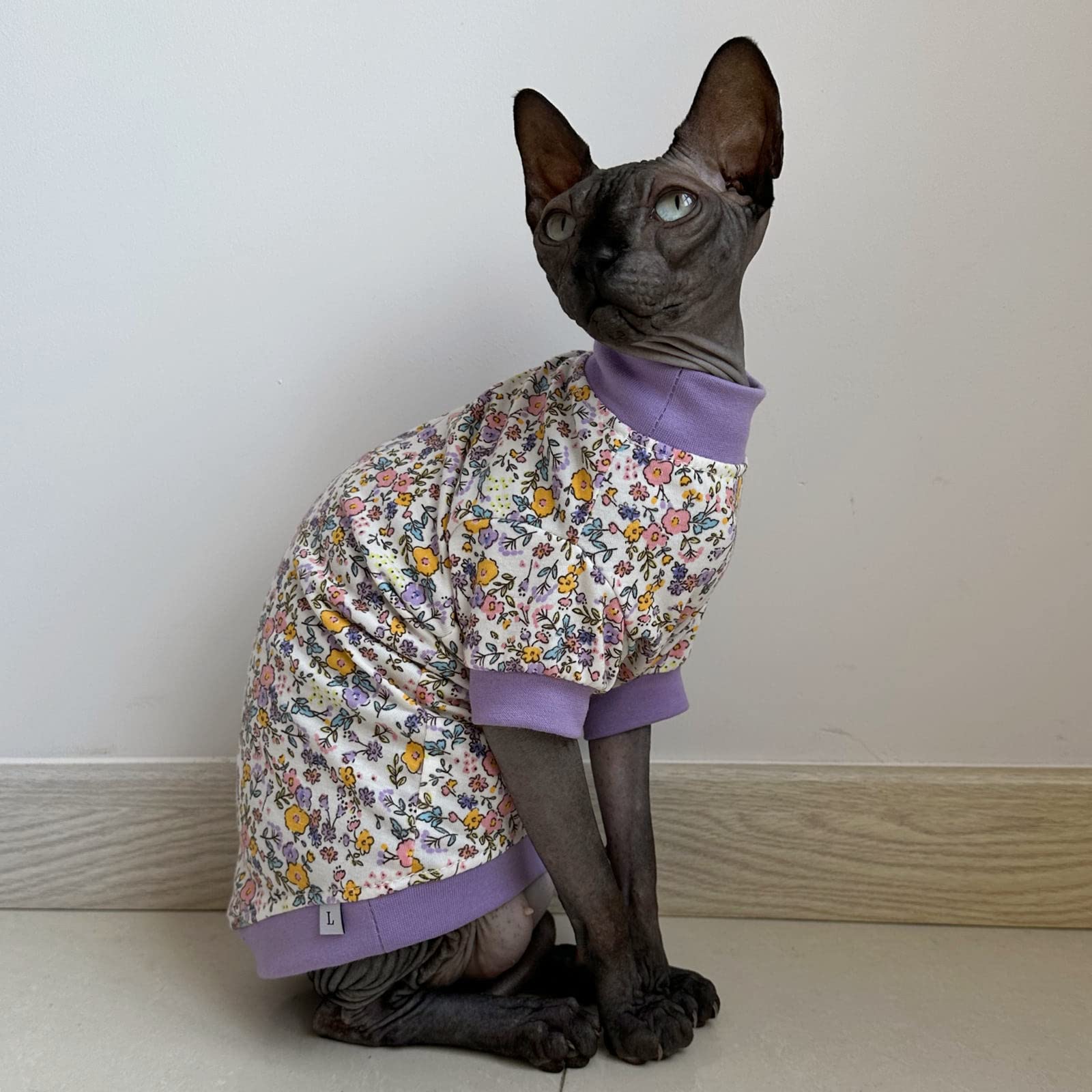 Sphynx Hairless Cat Cute Summer Cotton T-Shirts Pet Clothes,Round Collar Kitten Shirts Cats Apparel (Flor Do Campo, X-Large (Pac